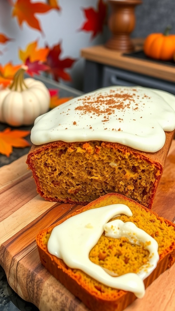 Cream Cheese Frosted Pumpkin Bread Recipe A loaf of pumpkin bread with cream cheese frosting, sliced on a wooden board, surrounded by autumn leaves.